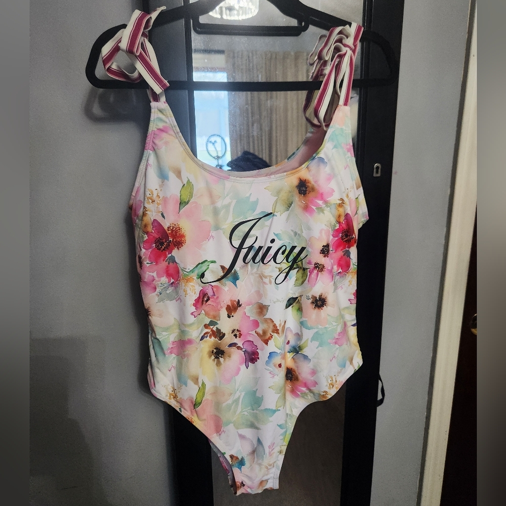 JUICY COUTURE Watercolor Floral Pattern Bow Shoulder Swimsuit NWT